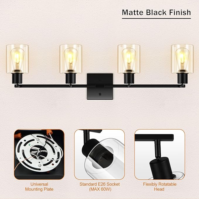 4-Light Track Lighting Fixtures with Seeded Glass Shade, Modern Kitchen Lighting Fixtures Ceiling, Rotatable Track Head, Wall Mount Ceiling Light for Bedside Hallway Bedroom, Matte Black