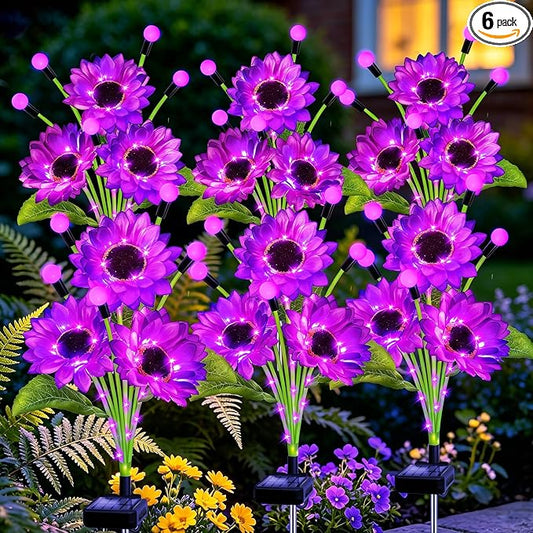 Kohlrabi 6 Pack Purple Solar Sunflowers with Swaying Firefly Lights, Gifts for Mom Women Mothers Day Birthday, Solar Garden Lights Waterproof Firefly Sunflower Light for Outdoor Patio Yard Decor