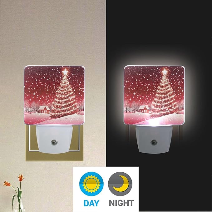 Christmas Tree Red Night Light LED Sensor Set of 2 Winter Snow Scene Xmas Table Desk Lamps with Adjustable Brightness Eye-Caring for Home Bedroom Office Parlour