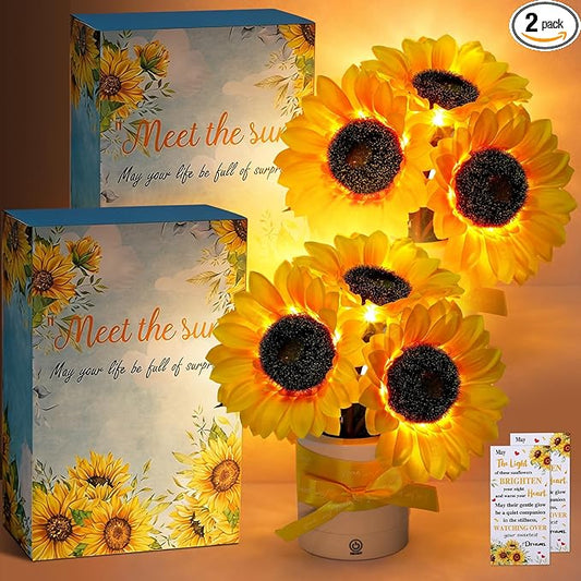 2 Sets Sunflower Lamp Gift for Women, Mother's Day Birthday Gifts for Women, Mom, Shimmering Sunflower Lamp with Cards Ribbons Gift Box Rechargeable Table Night Light for Anniversary Decor