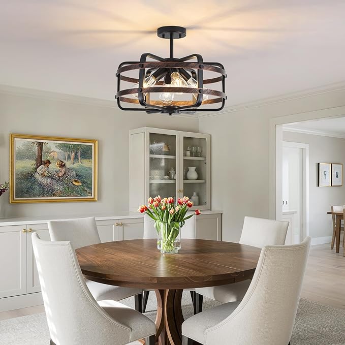 17.71'' Farmhouse Cage Semi Flush Mount Ceiling Light Fixture 4-Light Rustic Metal Ceiling Lighting Industrial Light Fixtures Vintage Ceiling Mount Black Chandeliers for Dining Room Kitchen Foyer E26