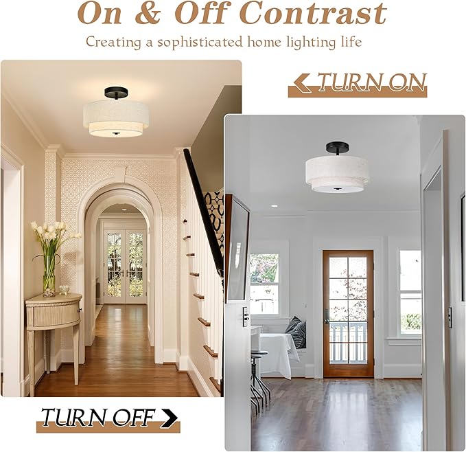 2 Light Semi Flush Mount Ceiling Light Fixture 12.6 Inch Modern Black Drum Ceiling Light Fixture with 2-Layer Fabric Shade Dimmable Close to Ceiling Light for Living Room Hallway Bedroom Entryway