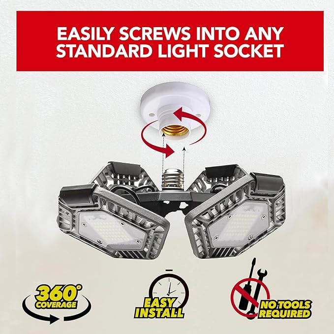 Bell+Howell QUADBURST LED Ceiling Light Bulbs 80W 5500 Lumens – 4 Aluminum Deformable Panels LED Shop Light Fixture for Indoor, Bedroom, Garage Lights, Home Improvement, E26 / E27 Socket (Gray)