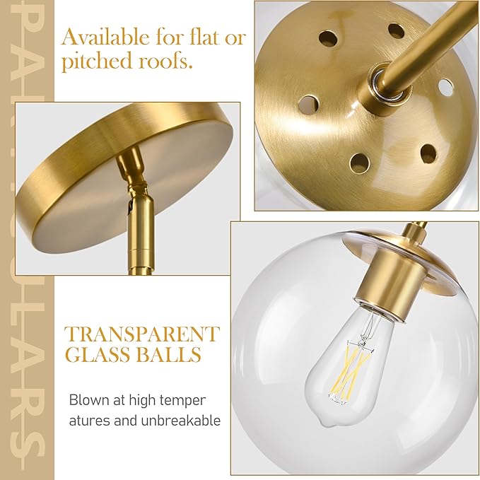Bagood 10" Globe Pendant Light Gold 2 Pack Mid Century Pendant Light Globe Pendant Lights Kitchen Island Brushed Brass Finished with Clear Glass Adjustable Ceiling Light Fixtures for Dining Room Bar