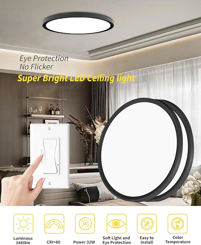 4Pack 16 Inch Dimmable LED Flush Mount Ceiling Light Panel,32W 3480LM,2700K-6000K 5 CCT Selectable,Ultra Thin Round Black Ceiling Light Fixture for Hallway Kitchen Bedroom Home Office Bathroom