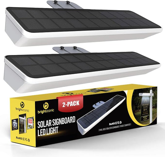 Brighticonics 2Pck Solar Address Sign Light – IP65 Waterproof Easy Install, Auto Dusk-to-Dawn On/Off – Outdoor Light for Business, Lease, Real Estate Sign Post – LED Signboard Gifts - Warm White 3000K
