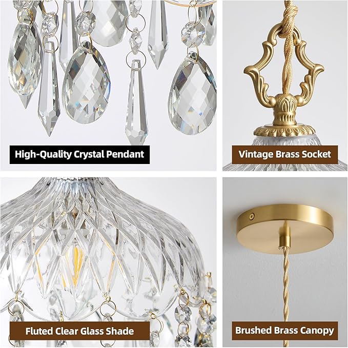 Vintage Small Crystal Pendant Light - Brass Gold Clear Glass Mini Adjustable Hanging Kitchen Island Chandelier - Unique Flower Art Deco for Bathroom Bar Bedroom Dining Room Hallway Closet Sink Over