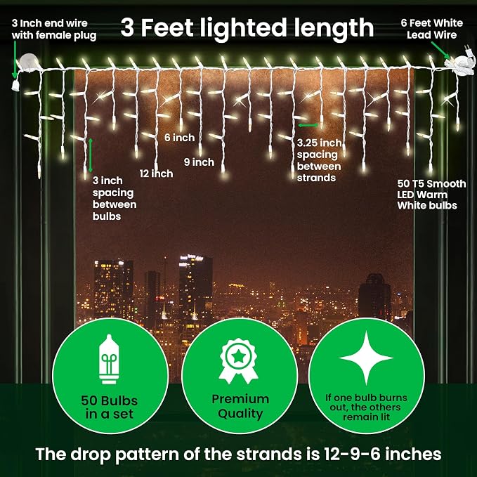 Christmas LED Twinkle Window Icicle Lights - 3 Feet (0.91 m) - 8 of 50 Bulbs Twinkle Random - 50 LED Warm White Bulbs - Indoor Outdoor - Twinkling Icicle Christmas Lights