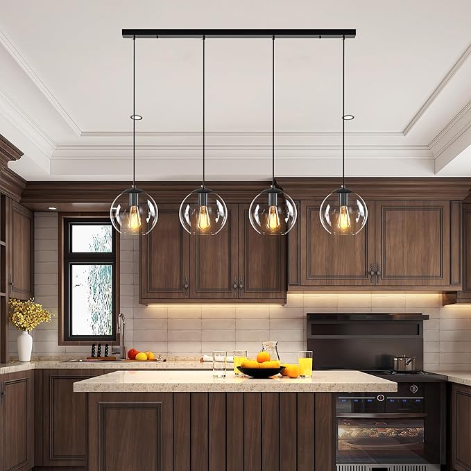 Globe Pendant Light, Modern Hanging Lighting Fixture, Classic Cluster Chandelier with Clear Glass Shades(Black, 4 Lights, 37.4 Inch)