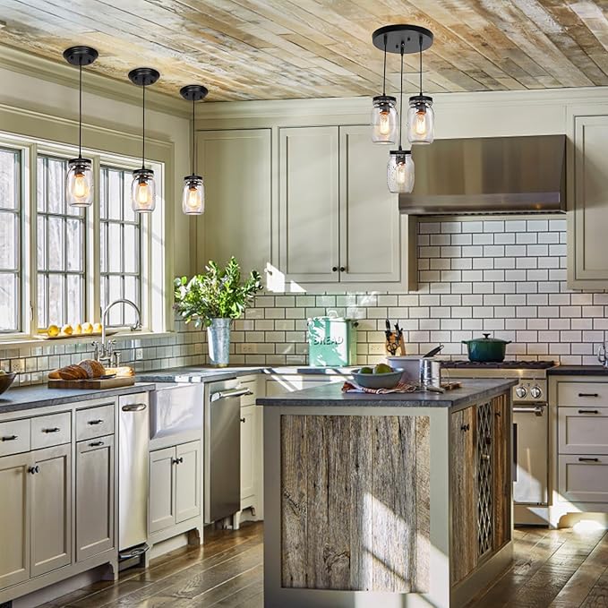 Mason Jar Light Fixtures, Farmhouse Pendant Light, Farmhouse Kitchen Island Lighting, Adjustable Hanging Pendant Lighting for Kitchen Foyer Hallway Dining Room, 2 Pack
