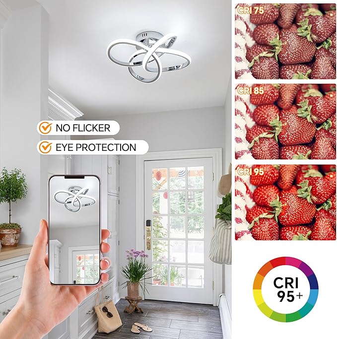 Modern LED Ceiling Light with Remote Control, Stepless Dimming, 3000-6000K Selectable, 36W, Dimmable LED Chandelier for Bedroom, Bathroom, Entryway, Hallway, Chrome Finish