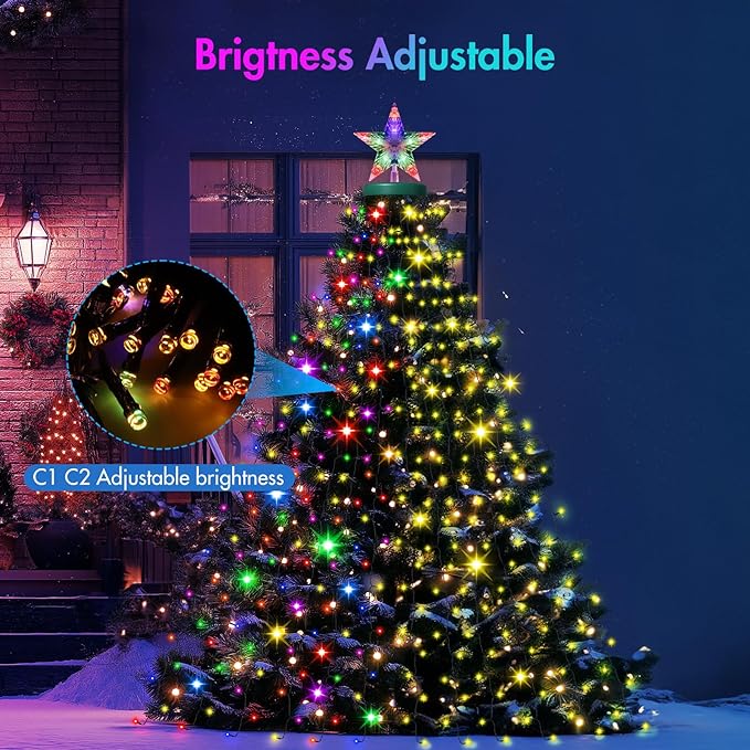 Christmas Tree Lights with Star Topper, 410LED Christmas String Lights with Ring for Tree, 6.6FT x 16 Lines Fairy Lights with 11 Modes for Indoor Outdoor Xmas Tree Decor, Warm White & Multi-Colored