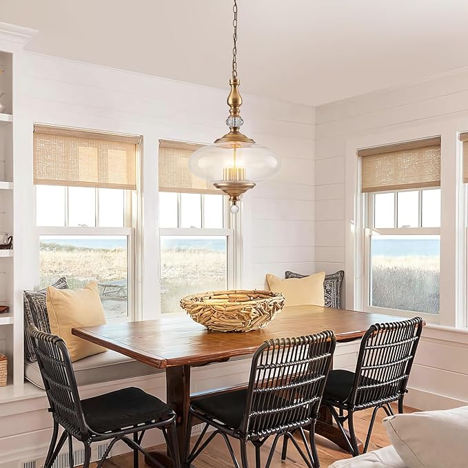 Vintage Pendant Light Brass Glass Pendant Light 15.74" Wide 5 Light Chandeliers for Kitchen, Dining Room Adjustable Hanging Height