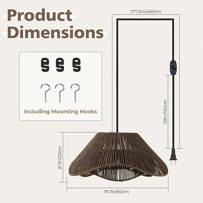 Lumstory Rattan Plug in Pendant Light for Ceiling Farmhouse Dark Brown Boho Woven Hanging Lights with Plug in Cord, Wicker Hanging Lamp with Dimmable Switch, Rattan Chandelier for Dining Room, 3-Light