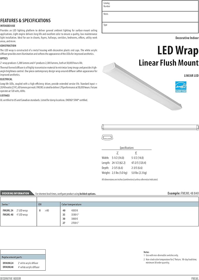 Lithonia Lighting 4 Foot LED Light Fixture, Low-Profile LED Wraparound Flush Mount Ceiling Light, 2700K Soft White, 120V, 48-Inch (FMLWL 48 827)