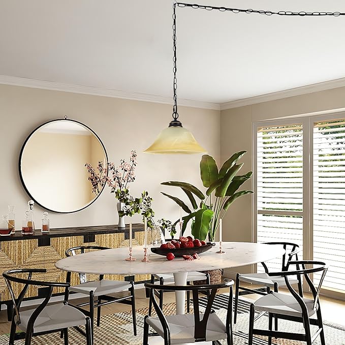 Plug in Pendant Light Fixture with Retro Alabaster Glass Shade, Black & Gold Hanging Lamp with Dimmable Switch,16.4Ft Cord & 14.7Ft Chain for Kitchen Sink Corner Nook