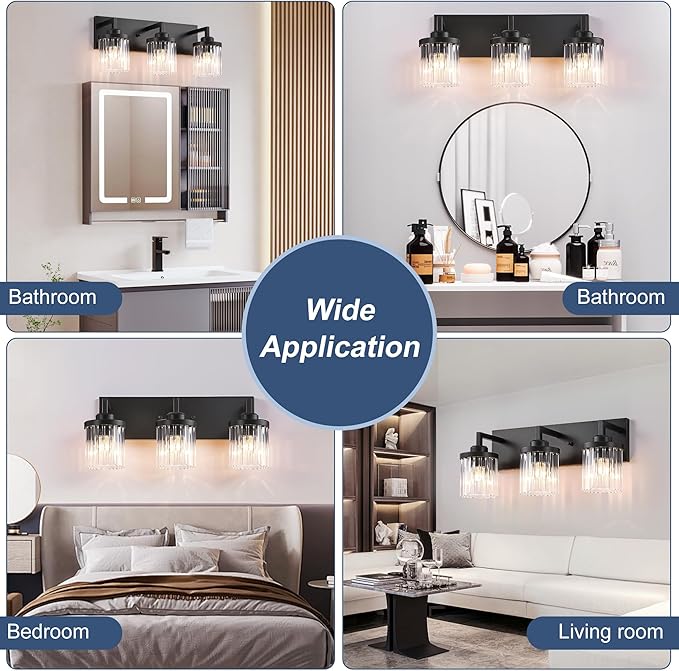 Modern Crystal Bathroom Light Fixtures, 3 Light Black Farmhouse Vanity Lights, with Crystal Glass Shade, Industrial Bathroom Lighting Fixtures Over Mirror Wall Light for Bedroom Living Room