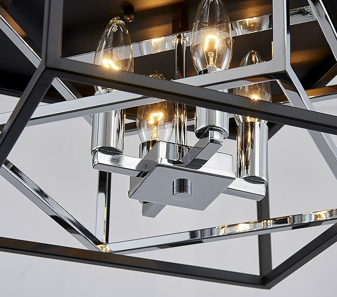 AGV LIGHTING CL035S Modern Flush Mount Ceiling Light Fixture, Square Ceiling Light, E12 Base 3-Lights, L12 x W12 x H7, Matte Black & Chrome Finish