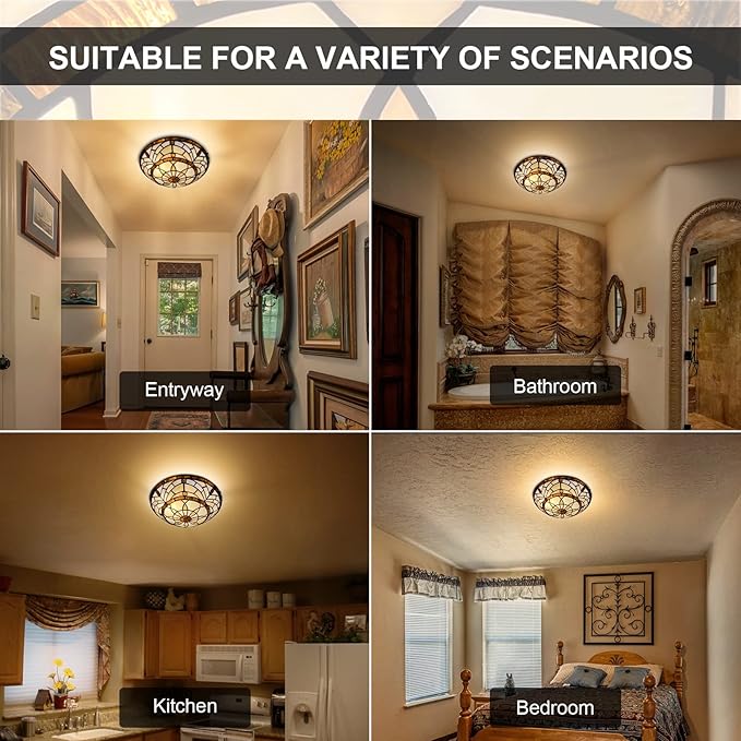 ARTZONE Tiffany Ceiling Lights, Stained Glass Ceiling Light 2-Lights 12 Inch Tiffany Flush Mount Ceiling Light for Bedroom Dining Living Room Entryway Foyer