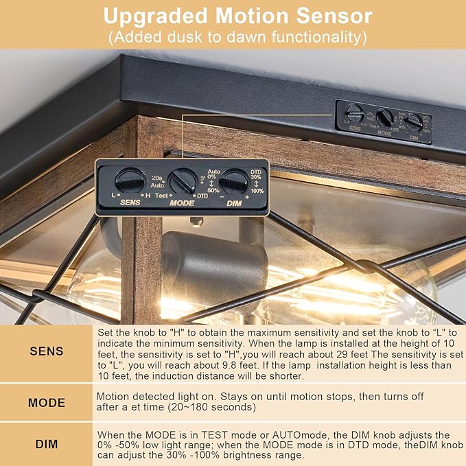 Motion Sensor Outdoor Flush Mount Ceiling Light, Industrial Glass Rustic Wood-Like Finish 2-Light Ceiling Lamp for Porch, Entryway, Garage, Timer and Sensitivity Adjustable (Wood-Like-Square)