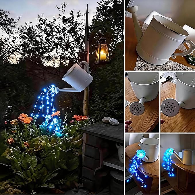Solar Fairy String Lights Outside Blue, Multi Strand 180 LEDs Watering Can Light for Outdoor, Waterproof Solar Powered Waterfall Lights, Firefly Bunch Lights for Garden Décor