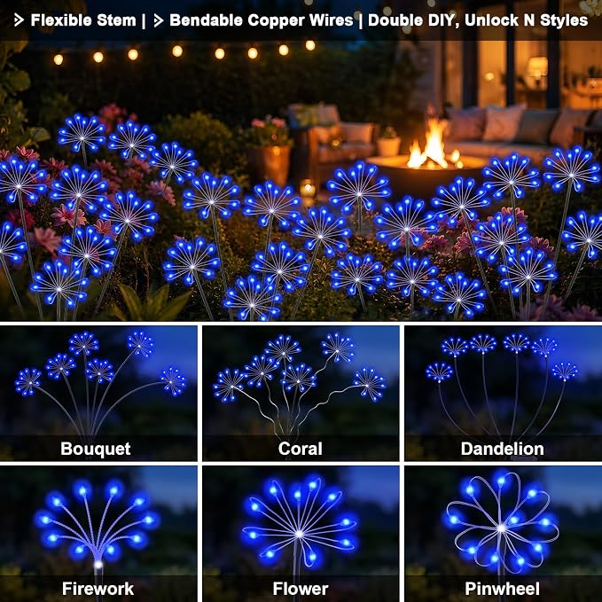 Solar Garden Lights Outdoor, Upgraded Solar Swaying Starburst Light Waterproof with 2 Modes, Solar Fairy Firework Lights for Yard Patio Pathway Flowerbed Balcony Garden Decoration (Blue, 4 Pack)