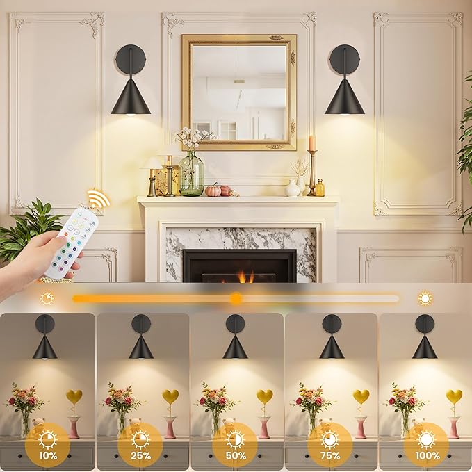 MATAMEYE Rechargeable Wall Sconce Set of 2, Black Wireless Battery Operated Wall Lamp with Remote, Dimmable & Timer, Modern Industrial Indoor Light Fixture, Bulb Included