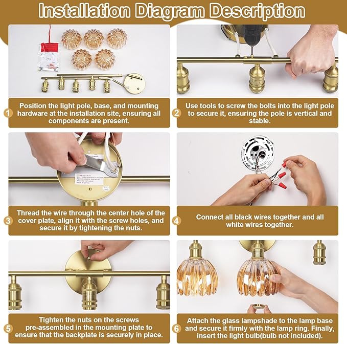Vintage Bathroom Light Fixtures,5-Light Hardwired Vanity Lights with Amber Tulip Glass Shade,Gold Bathroom Vanity Light for Mirror Restroom,E26 Socket,33.46 in(Bulbs Not Included)