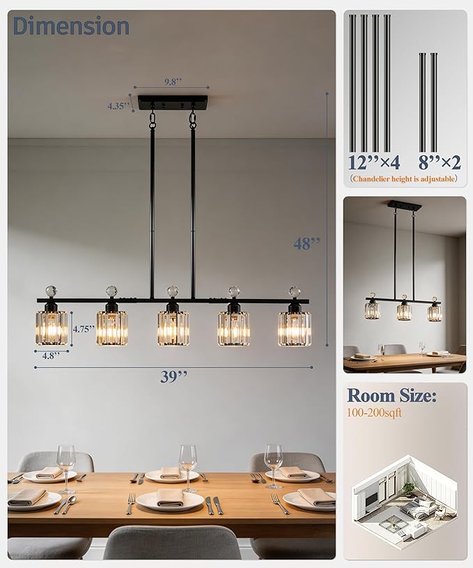 Modern Dining Room Light Fixture Over Table, Crystal Pendant Lights Kitchen Island, Chandeliers for Dining Room Kitchen Light Fixtures (E26) 5-Light Black