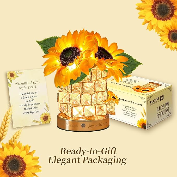 Sweet Mother’s Day Gifts Sunflower Crystal Cube Lamp,3 Color Dimmable Small Night Light, Rechargeable Cordless Touch Flower Table Lamp for Festival Restaurant Bedroom Bar Cafe Home Decor