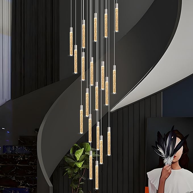 20-Light Chrome High Ceiling Chandeliers Modern Crystal Chandeliers for Entryway Long Spiral LED Dimmable Chandelier Flush Mount Ceiling Staircase Foyer Living Room Ceilings Light Fixture