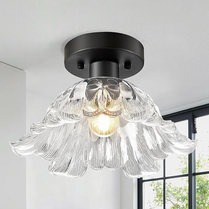Modern Flower Glass Ceiling Light, Mid-Century Lighting Fixtures, Black Semi Flush Mount Ceiling Light for Hallway, Kitchen, Laundry Room, Bathroom, Entryway, 11 in