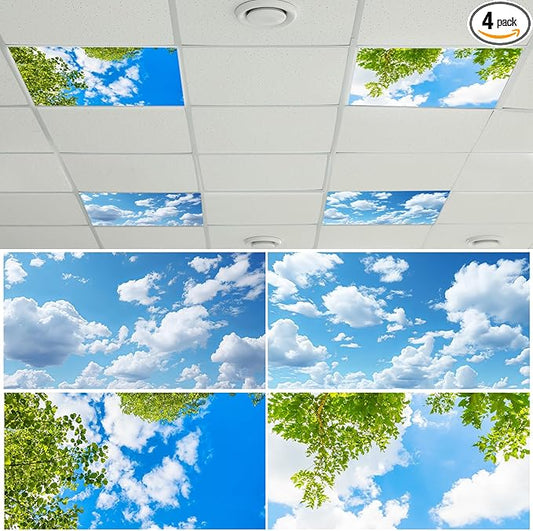 Wiooffen 4 Pcs Fluorescent Light Covers for Classroom Ceiling Lights 4 x 2 Feet Magnetic Light Covers Filter Easy Install for Office Hospitals Home Supplies (Trees Blue Sky Clouds)