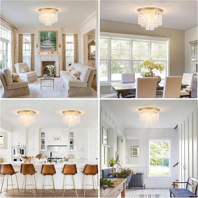 17.72" Capiz Shell Ceiling Light Fixtures, 5 Light Boho Shells Flush Mount Ceiling Light for Bedroom, Hallway, Entryway, Bathroom, Brushed Brass