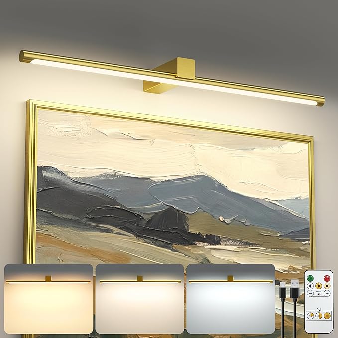 Bridika Metal Picture Light for Wall 23.6inch, Battery Operated Art Light for Paintings Wireless with Remote & Timer, 3 CCT, Dimmable Wall Lights for Picture, Gallery, Artwork,Portrait Gold 1