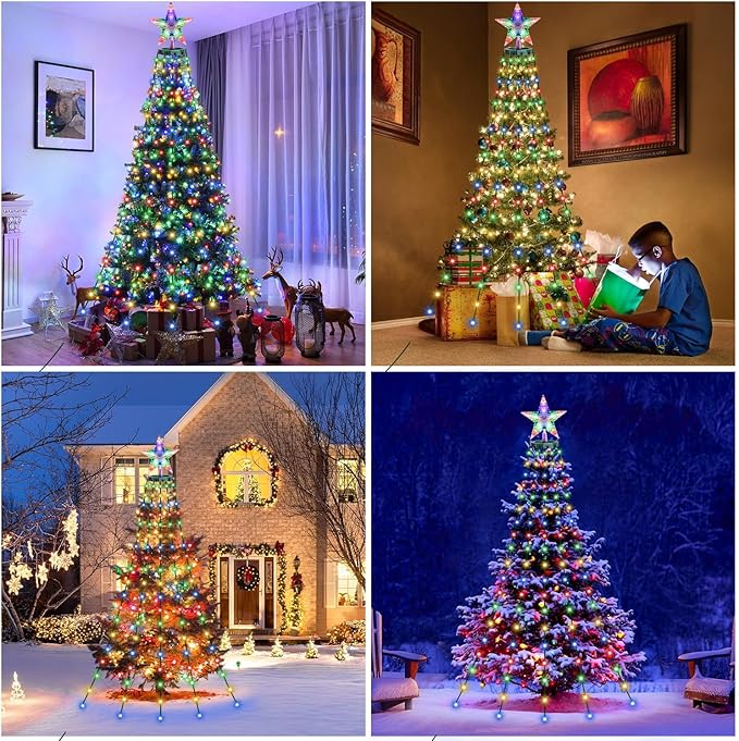 410LED Christmas Tree Lights with Star Topper, Christmas String Lights with Ring for Tree, 6.6FT x 16 Lines Fairy Twinkle Lights 8 Modes Timer Remote for Indoor Outdoor Xmas Tree Decor, Multicolor