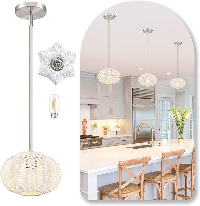 White Mini Rattan Pendant Light Hemp Rope Rattan Light Fixture Woven Pendant Wicker Chandelier Boho Chandelier for Kitchen Island