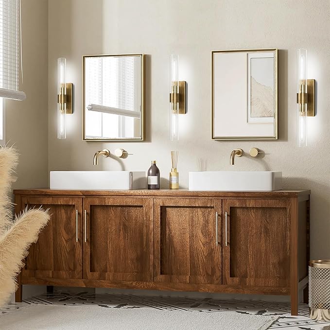 Brass Wall Sconces Set of Two, 22.8" Sconces Wall Lighting 2-Light, Gold Bathroom Wall Sconces, Glass Vanity Lights, Indoor Wall Sconce for Bathroom, Bedroom, Living Room, Hallway