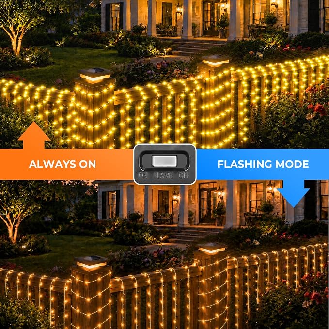 8 Pack Solar Post Cap Lights，Fence Post Solar Lights Fit for 4x4 5x5 6x6 Vinyl/Wooden Posts，2-in-1 Lighting Modes Waterproof Light for Deck Patio or Garden Decor