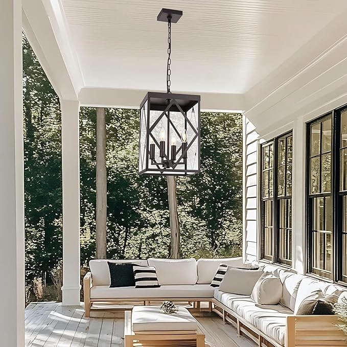 11" Outdoor Pendant Light Exterior Hanging Lantern, Farmhouse Oil Rubbed Brozne Outside Chandelier Light Fixture Ceiling Mount Hanging Porch Light with Clear Glass for Front Porch Entrance