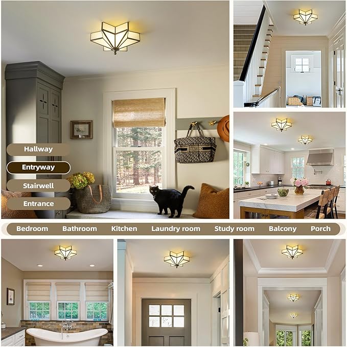 Star Vintage Bronze Ceiling Light - 12.2 Inch Small Milk Glass Antique Flush Mount Fixture - Mid Century Black Art Deco Lighting for Kitchen Hallway Bedroom Bathroom Laundry Entryway Farmhouse Hall