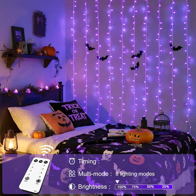 JMEXSUSS 300LED Purple Halloween Lights with Remote, 9.8x9.8ft Curtain Lights Plug in, 8 Modes Hanging String Lights for Indoor, Outdoor, Bedroom, Window, Party, Backdrop, Xmas, Halloween Decorations