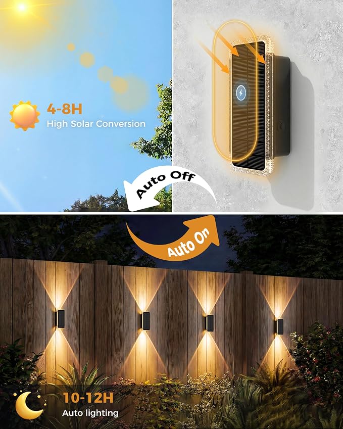 vighep Solar Fence Lights Outdoor 6 Pack, 5CCT(3000K-6000K) Up and Down Solar Wall Lights, IP65 Waterproof Dusk to Dawn Wood Fence Lights Solar Powered for Patio, Porch, Backyard, Garage, Wall Decor