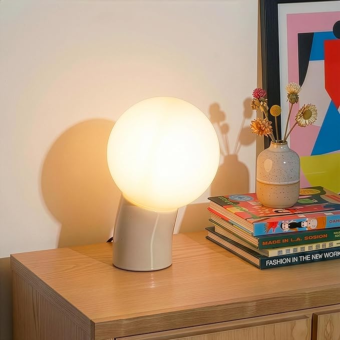 Brightech Vino LED Table Lamp - Small 8" Modern Dimmable Metal Lamp with USB-C Charging, Frosted Glass Globe Shade - Warm White Accent Light for Bedroom, Living Room, Bedside, Nightstand - Cream