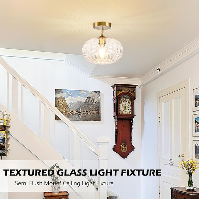 Bagood Gold Semi Flush Mount Ceiling Light Fixture Vintage Ceiling Light Fixture Farmhouse Globe Glass Mid Century Textured Glass Hallway Fixture for Bathroom Entryway (Bulb Incl.)