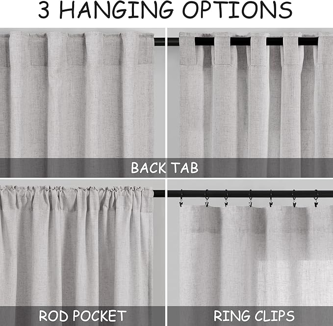 Nanspring Grey Linen Back Tab Curtains 84 Inch Length for Living Room 2 Panel Set Neutral Modern Farmhouse Window Privacy Semi Sheer Linen Drapes Rustic Pinch Pleated Look Curtain 52x84