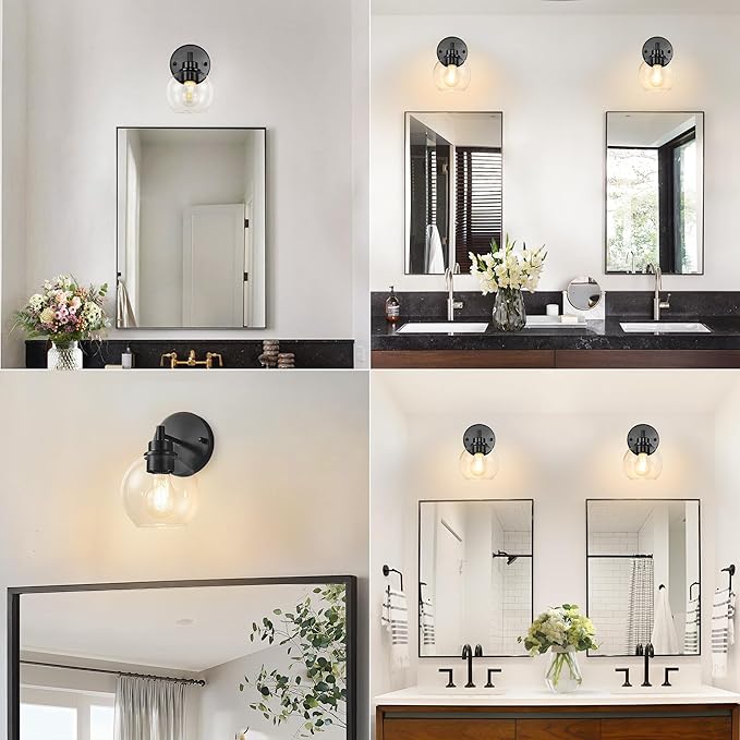 Black Bathroom Vanity Lights, 1-Light Wall Sconce with Glass Globe Shade, Vanity Lighting for Bathroom/Bedroom/Dressing Room, Vertical/Horizontal Mounted, E26 Bulb Base (Bulb Not Included)