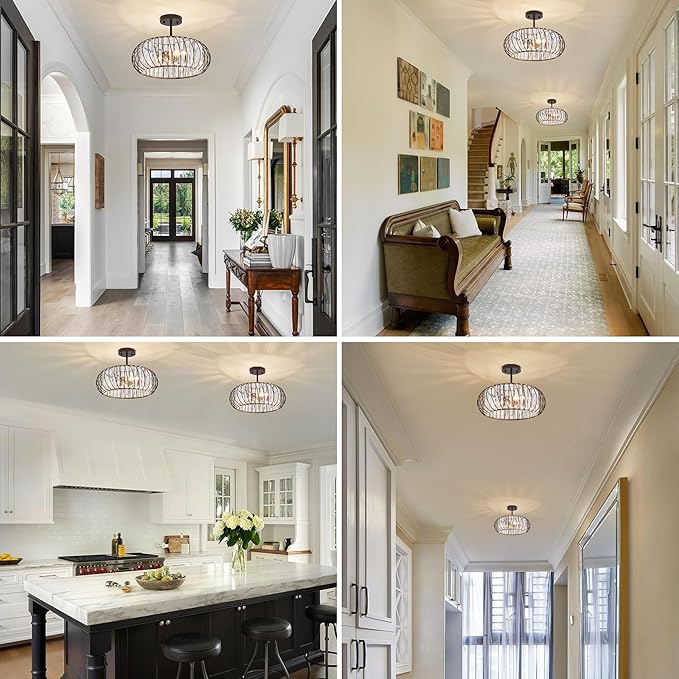 Semi Flush Mount Crystal Ceiling Light, 3-Light 16 Inch Metal Cage Hallway Ceiling Lamps, Farmhouse Ceiling Light Fixture, Industrial Crystal Chandelier for Corridor Bathroom Kitchen (E12 Base)
