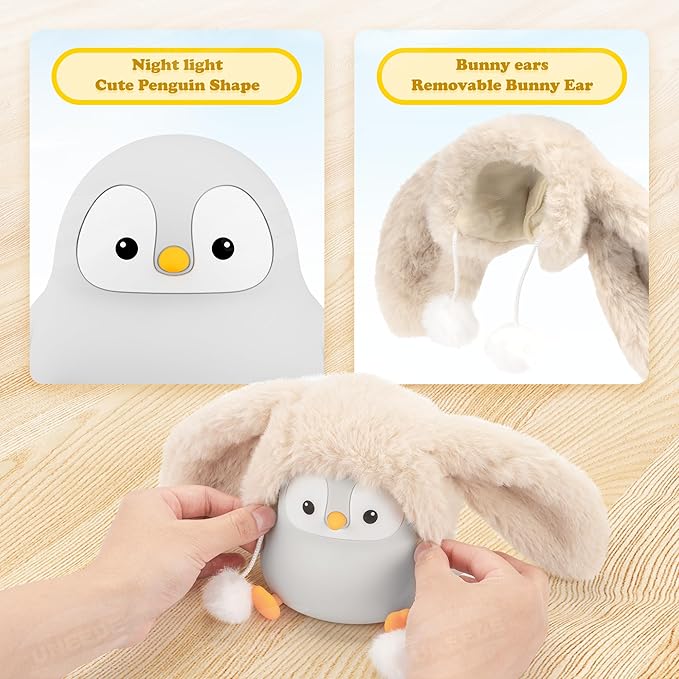 UNEEDE Sitting Penguin Night Light Silicone Touch Lamp, USB Rechargeable, Dimmable Nursery Light & Decoration, Squishy Night Light Cute Animal Lamp