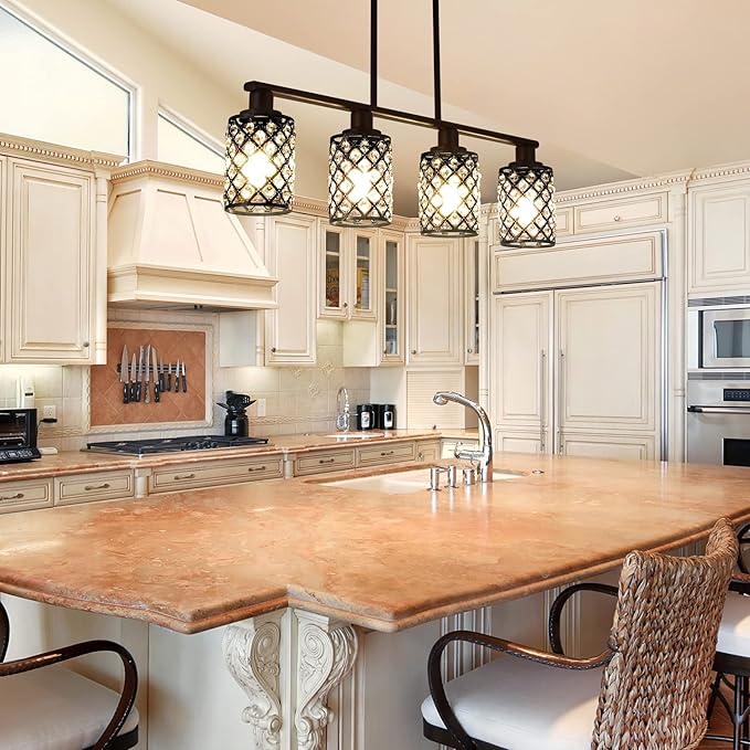 Dining Room Light Fixture Over Table,4-Light Island Lights for Kitchen,Black Pendant Lights Kitchen lsland Lighting,The Linear Chandelier with K9 Crystal and Black Grids Shade